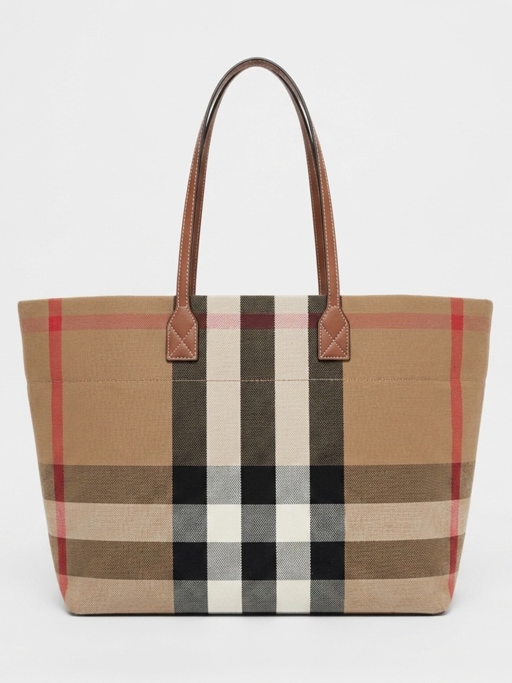 Burberry Beige Tan Check Canvas Tote with Brown Leather Straps